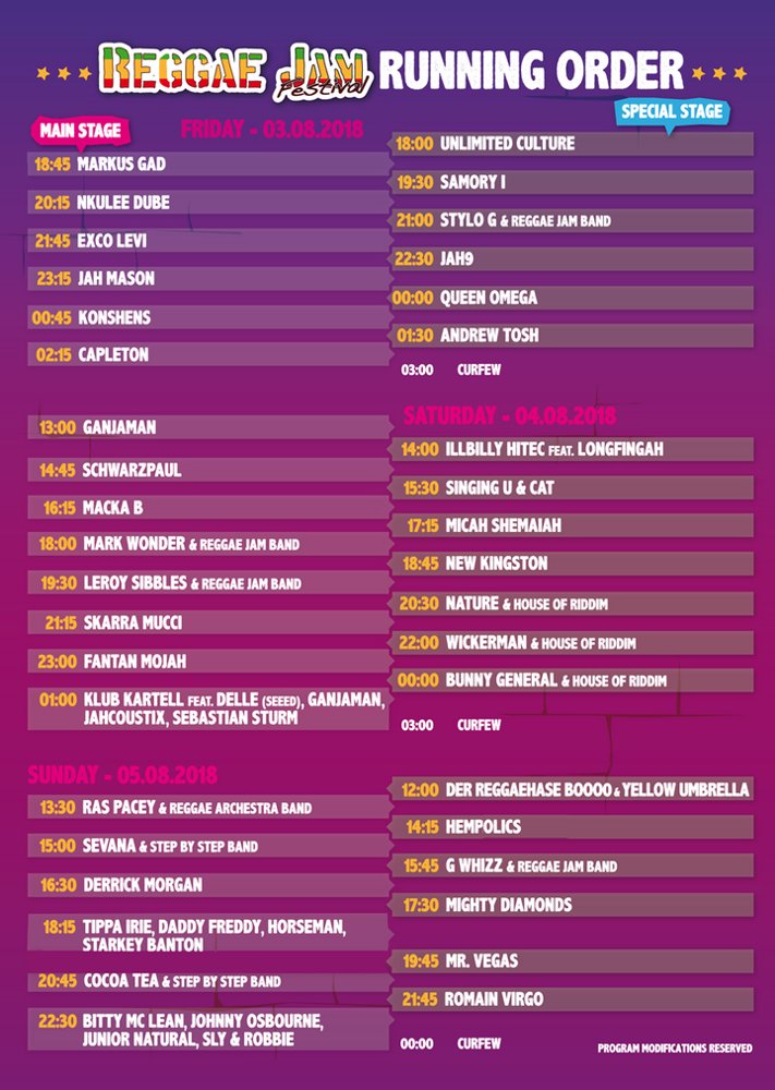 Reggae Jam -Running Order 2018