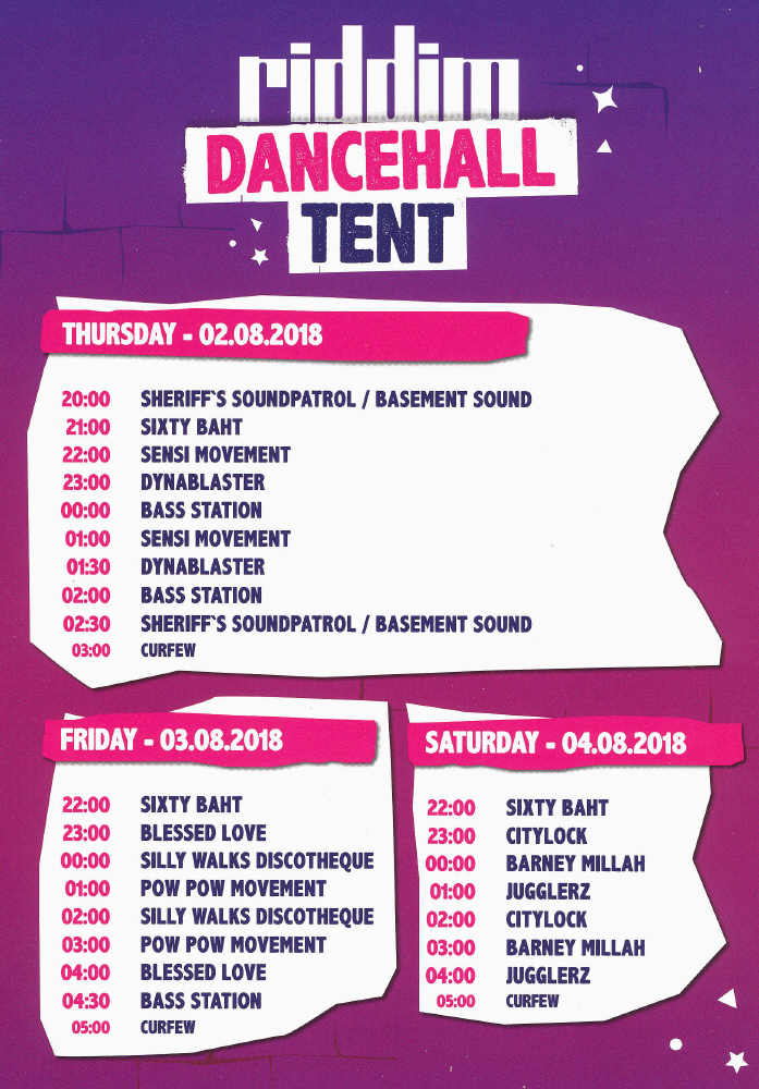 Reggae Jam - Running Order Dancehall Tent 2018
