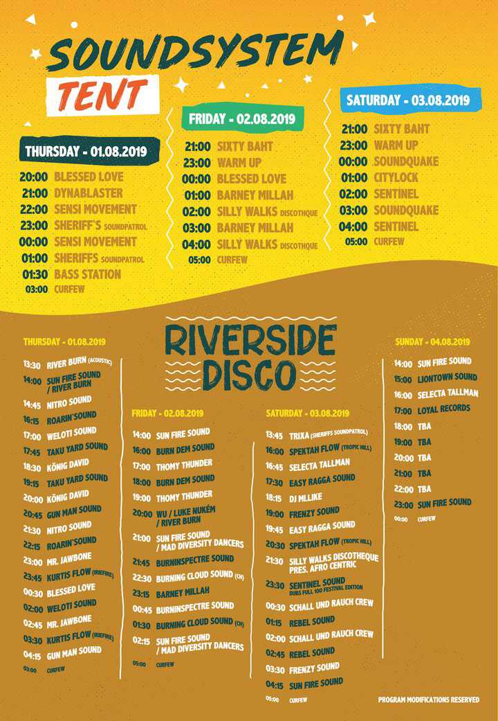 Reggae Jam - Running Order Soundsystem Tent & Riverside Disco - 2019