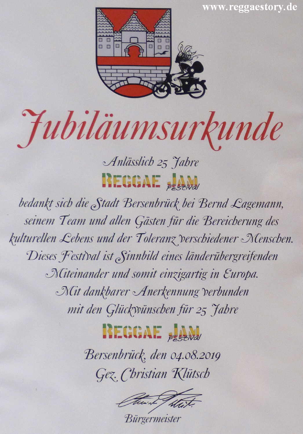 Reggae Jam 2019 - Jubil&auml;umsurkunde