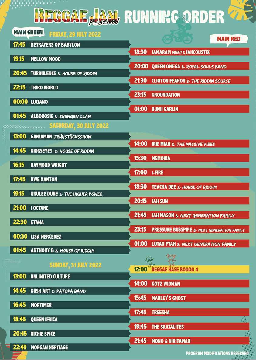 Reggae Jam -Running Order 2022