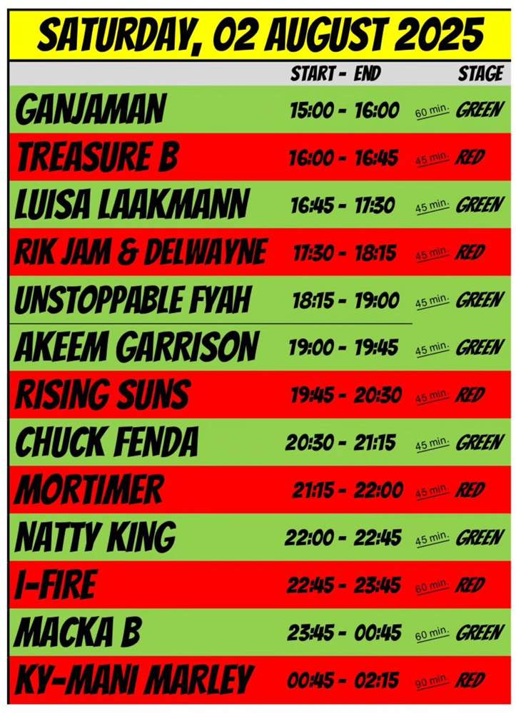 New Running Order - Saturday - Reggae Jam 2025