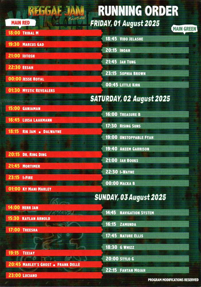 Reggae Jam - Running Order 2025