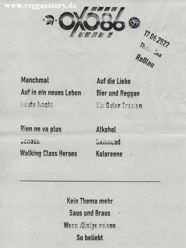 Oxo86 Setlist